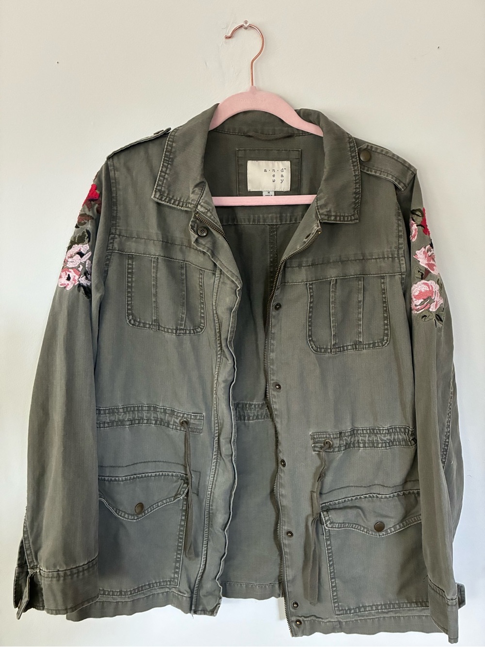a new day Olive Utility Jacket with Pink Rose Sleeve Embroidery